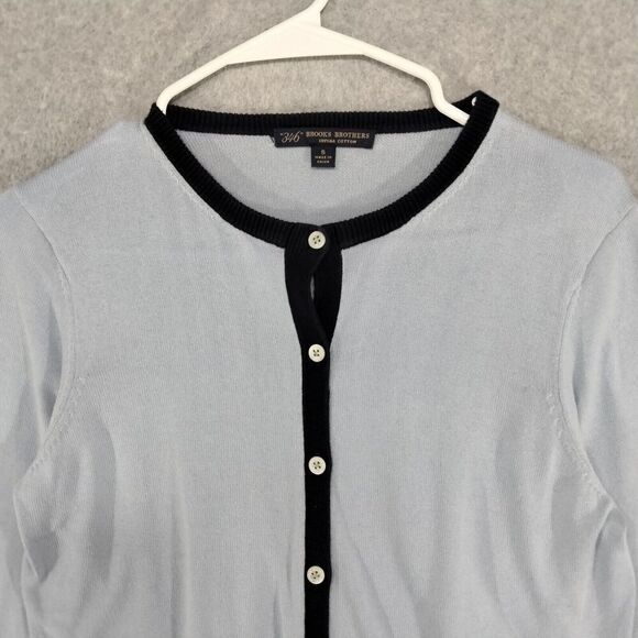 Brooks Brothers 346 Cardigan Sweater Wmns Small Supima Cotton Light Blue Black - Picture 2 of 11
